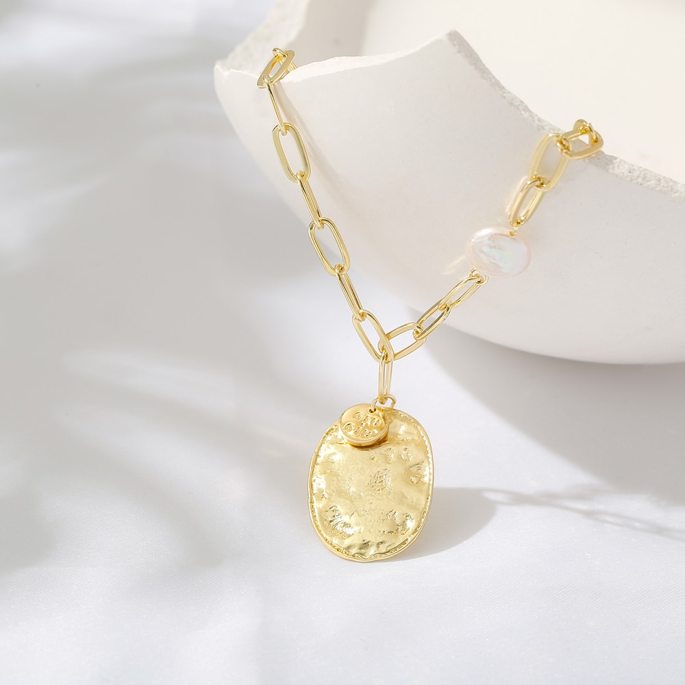 Yhpup Geometrica Collana Del Pendente Del Metallo per Le Donne D'acqua Dolce Perle in Lega di Zinco Dei Monili Minimalista Oro girocollo Della Collana Dei Monili