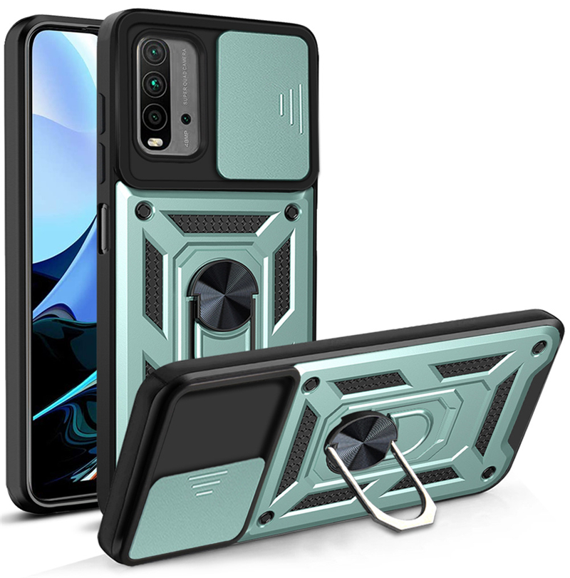 Für Xiaomi Redmi 9 T Magnetische Ring Stehen Stoßfest Rügestochen Telefon fallen Für Redmi 9 T gleiten drücken ziehen Kamera objektiv Schutz Abdeckung: Grün