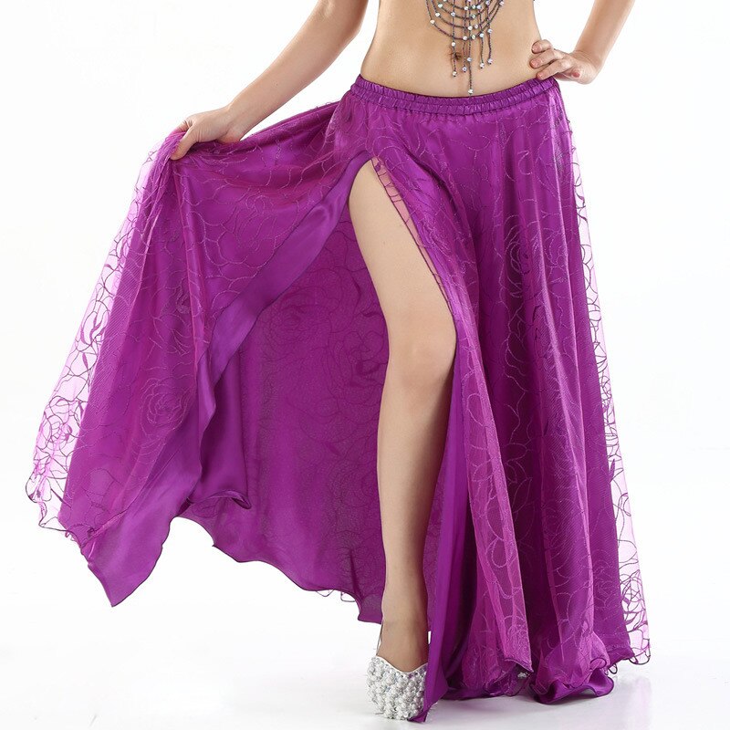 Nueva ropa de danza del vientre de las mujeres de 9 colores círculo completo Maxi falda Falda larga de pierna dividida 2 capas faldas de danza del vientre rosa: purple