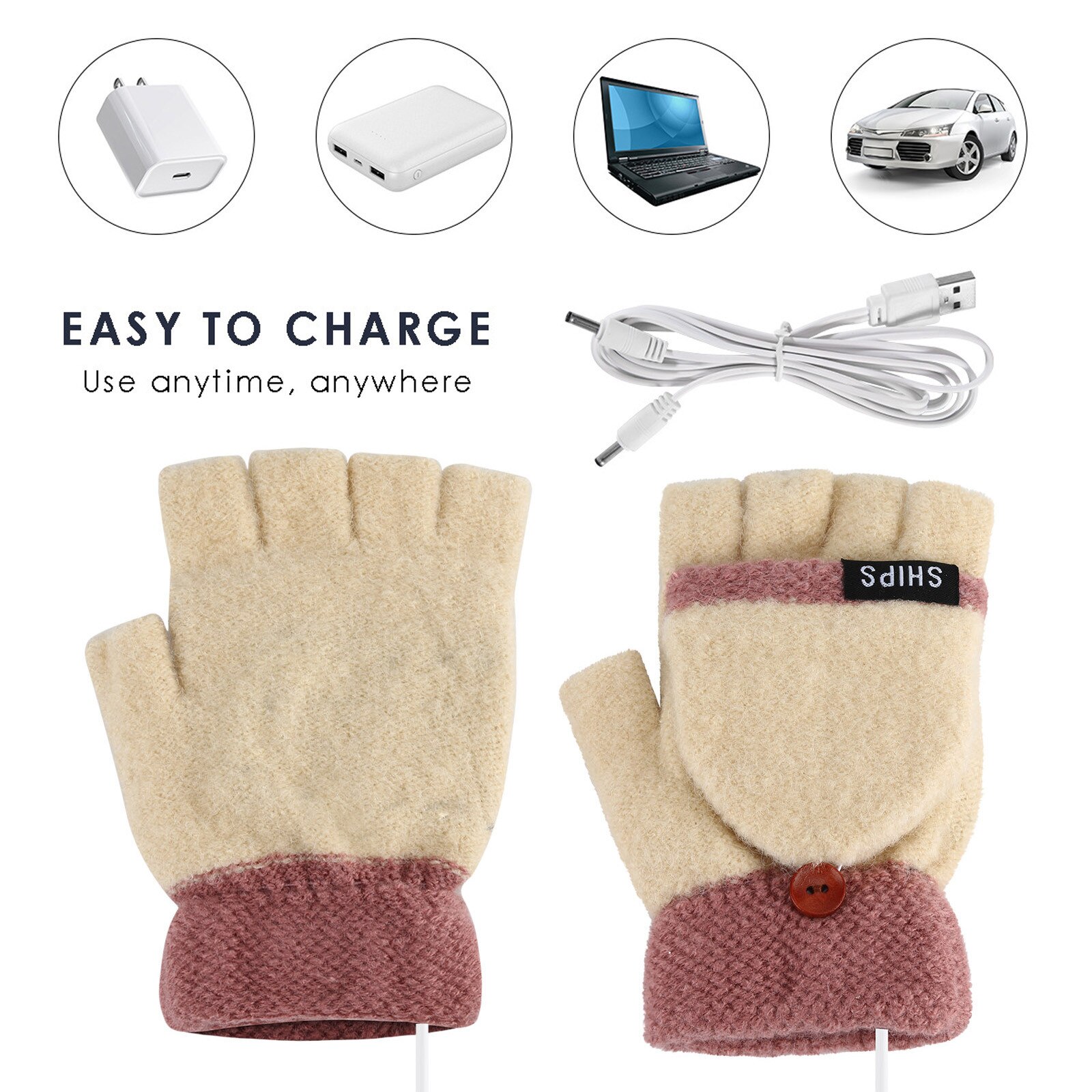 Electric Usb Heated Gloves Laptop Women Usb Heated Mitten Full&half Finger Gloves Winter Warm Knit Hand Gloves For Outdoor L3: Beige