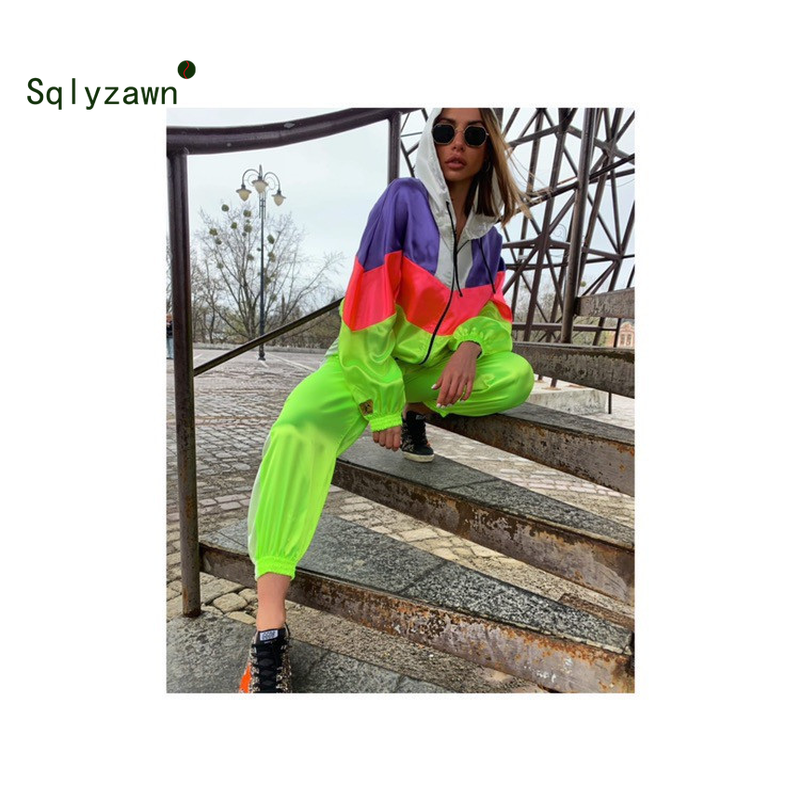 Neon Patchwork Sportwear Women Two Piece Outfits Hooded Long Sleeve Jacket Top + Pants Streetwear Tracksuit Women Matching Sets