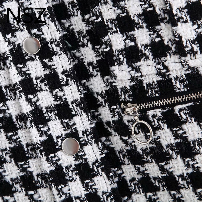Nsz kvinder sort hvid plaid oversize tweed jakke houndstooth frakke langærmet løs afslappet lang ternet overtøj top