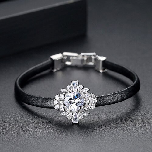 LUOTEEMI Trend Leather Simple Geometric Zircon Bead Handmade Charm Bracelets &amp; Bangles for Women Trendy Black PU Leather Jewelry: B18041633-Rh