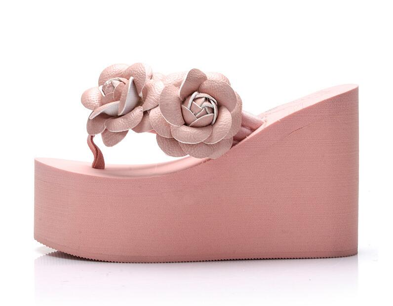 11cm flip flop wedges heels summer sandals slippers woman shoes women girls beach shoe light bottom platform handmade flowers
