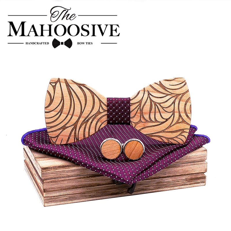 Men Wooden bow tie set Handkerchief Cufflinks wood bowtie wedding tie corbata Wooden Ties Gravata set gentlemen wear