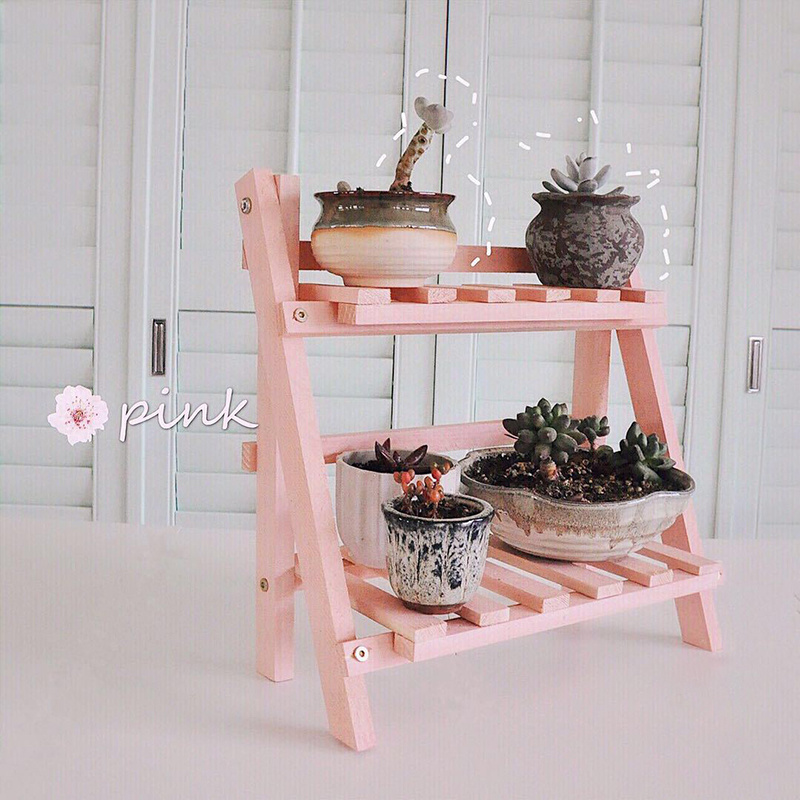 Collapsible Wooden Double Layer Shelf Wood Shelving Flowerpot Herbal Spice Organizer Storage Racks Shelves Kitchen Home Organize: Pink