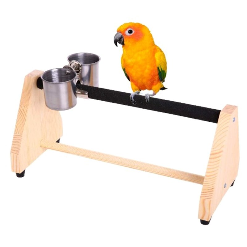 Parrot Play Wood Stand Bird Grinding Perch Table Platform Birdcage Feeder Stands with Stainless Steel Feeder Dish Cup