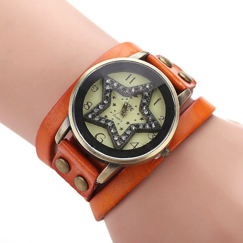 Jessingshow Dames Quartz Horloge Eenvoudige Digitale Wijzerplaat Mode Vijfpuntige Ster Lederen Band Horloge Casual Wear Klok Reloj Mujer: Orange