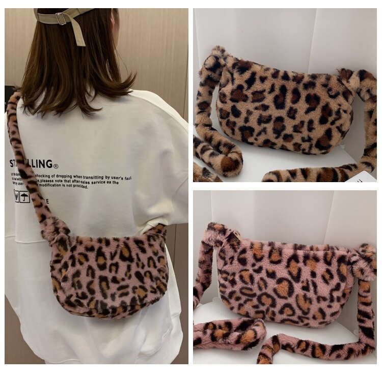 Puimentiua Winter Shoulder Bag Female Leopard Female Bag Chain Large Plush Winter Handbag Messenger Bag Warm Fur Bag