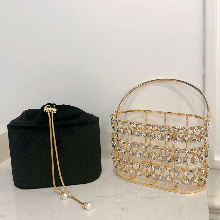 Black &amp; Abrikoos Zilveren Diamanten Metalen Mand Dames Partij Diner Tas Handtas Crossbody Tas Vrouwen Schouder Chain Purse Tote Bag: Black