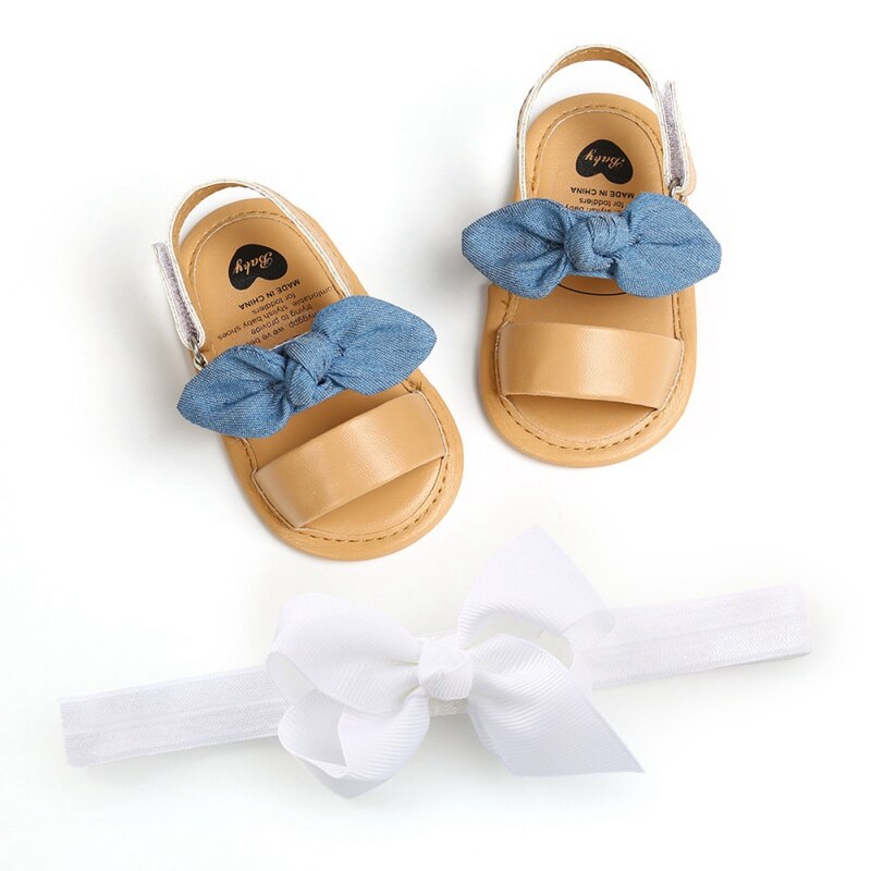 Bebê meninas bonito arco sandálias pu princesa sapatos de fundo macio sandálias da criança com branco rosa bandana conjunto de duas peças novo: L / S