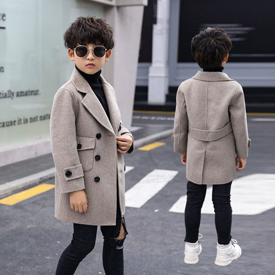 Herfst Winter Jongens Wollen Jassen Kinderen Double Breasted Jasje Turn-Down Kraag Plus Katoen Warme Dikke Kids Jongens bovenkleding