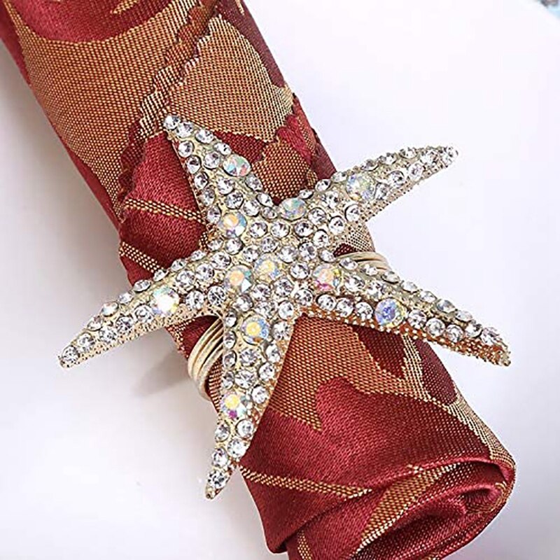 12 PCS Napkin Rings Starfish Rhinestone Ocean Napkin Holders for Wedding Party Beach Theme Dining Table Decor