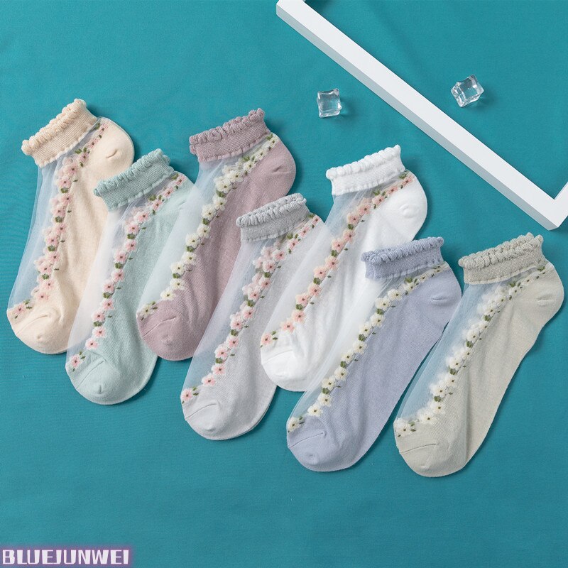 5 paires de chaussettes pour femmes, été, motif floral, chaussettes en soie, cristal, douces, en coton, respirantes, à la cheville