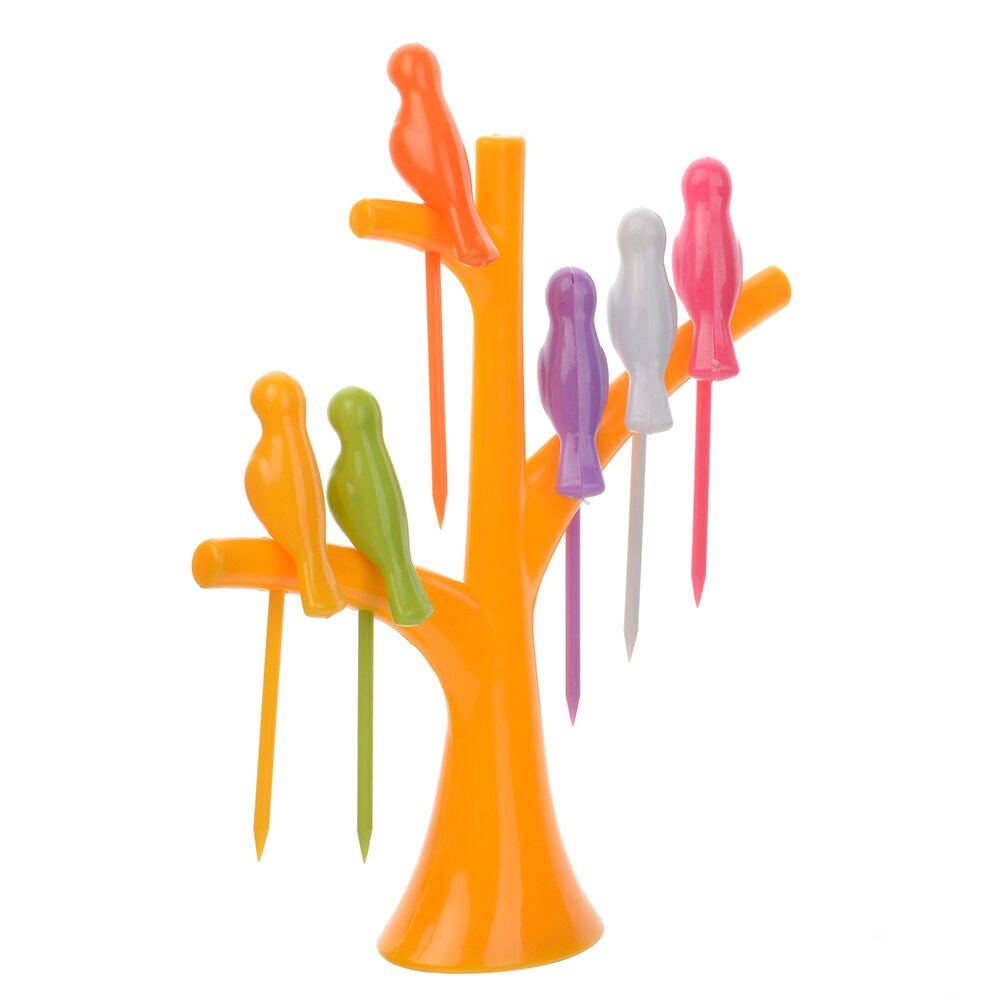 Fourchettes à fruits en plastique | Service de vaisselle, motif d'arbre + d'oiseaux créatifs, 1 support + 6 fourchettes, fourchette à légumes, outils pour fruits et légumes