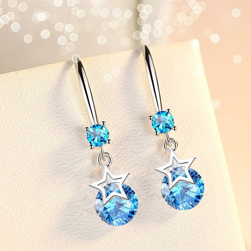 NEHZY 925 sterling silver woman jewelry blue pink crystal zircon five-pointed star long tassel retro hook earrings: 207