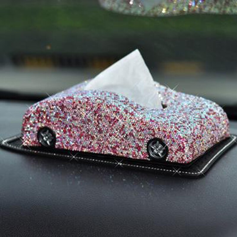 Bilform fuld krystal rhinestones tissue box instrumentbræt blok papirhåndklæde serviet cover holder til bmw kvinder piger tilbehør