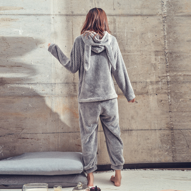 Konijnenoren Schattige Meisje Coral Fleece Pyjama Onesie Vrouwen Winter Hooded Solid Animal Pyjama Plus Size Flanel Bunny Nachtkleding