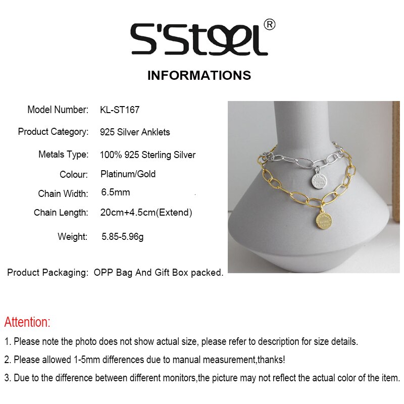 S'STEEL 925 Sterling Silver Anklets For Women Geometry English Disk Gold Color Enkelbandje Zilver Foot Acessorios Fine Jewelry