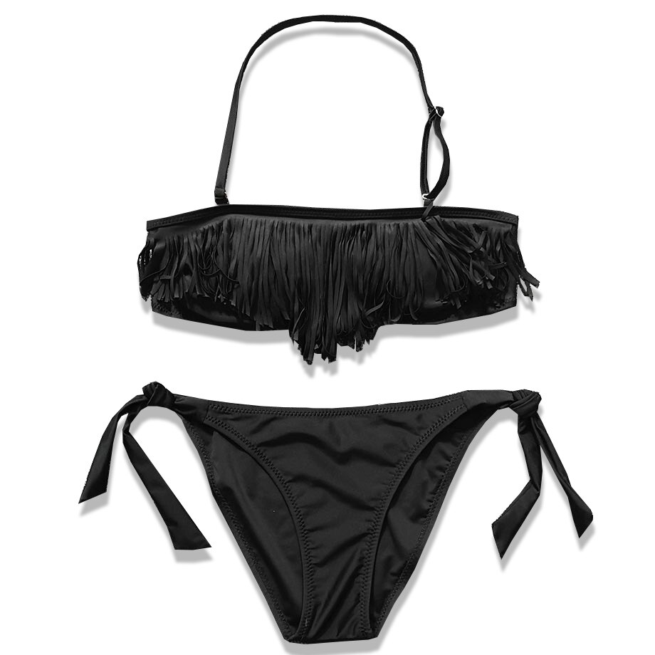 Bañador para niña de 6 a 14 años, Bikini con flecos negros, traje de baño de dos piezas con borlas, Top Halter, trajes de baño para niña: 10