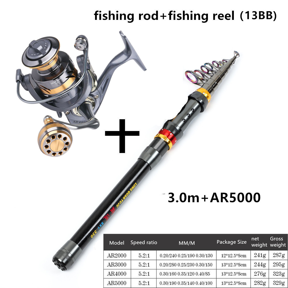 Spinning fiskestang rejse havstang 1.8m 2.1m 2.4m 2.7m 3.0m 3.3m 3.6m carbon teleskop fiskestang og hjul combo sæt shimano: 3.0m og  ar5000
