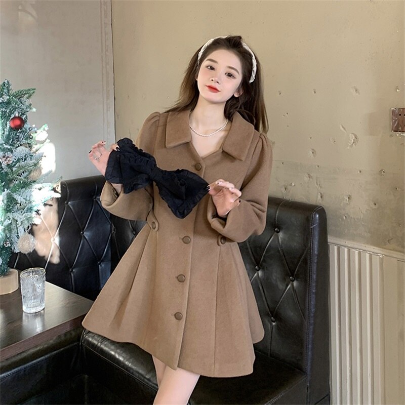 Manteau japonais doux pour fille, manches longues, avec nœud Kawaii, robe d'extérieur Vintage plissée à simple boutonnage, en laine épaisse