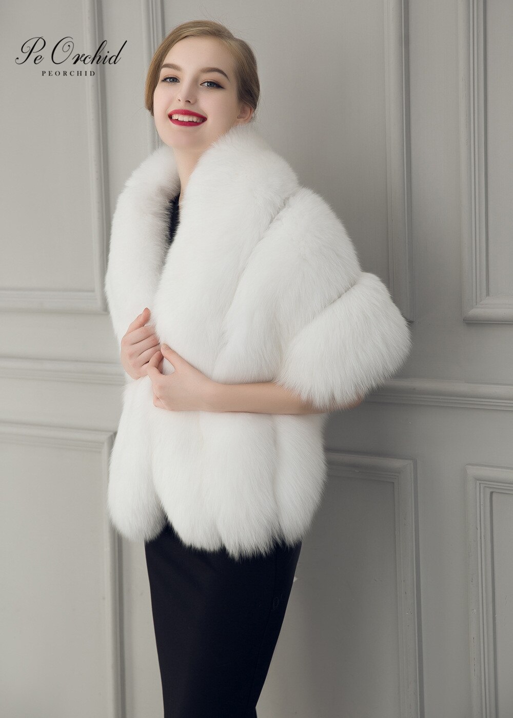PEORCHID White Bridal Shawls And Wraps Faux Fur Winter Bridesmaid Wedding Capes Ladies Black Jackets Women Evening Coat Shrugs: 1