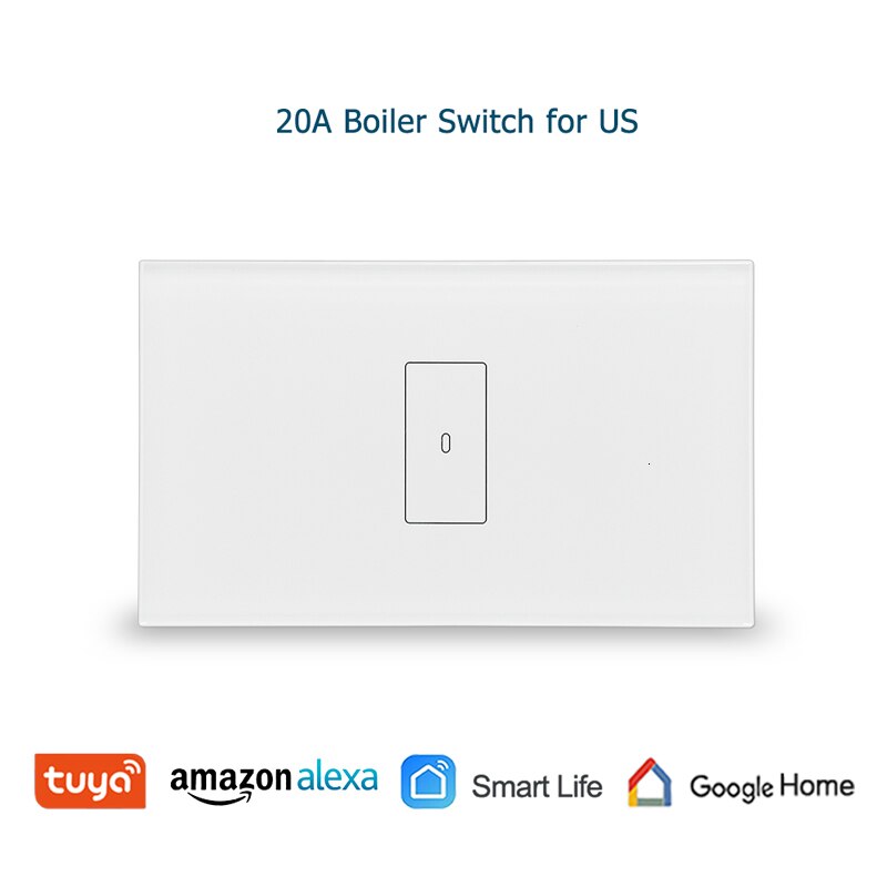 WiFi Smart Boiler Glass Panel Switch 4400W 20A Smart Life Tuya App Remote Control Water Heater Switch via Alexa Google Home: White US