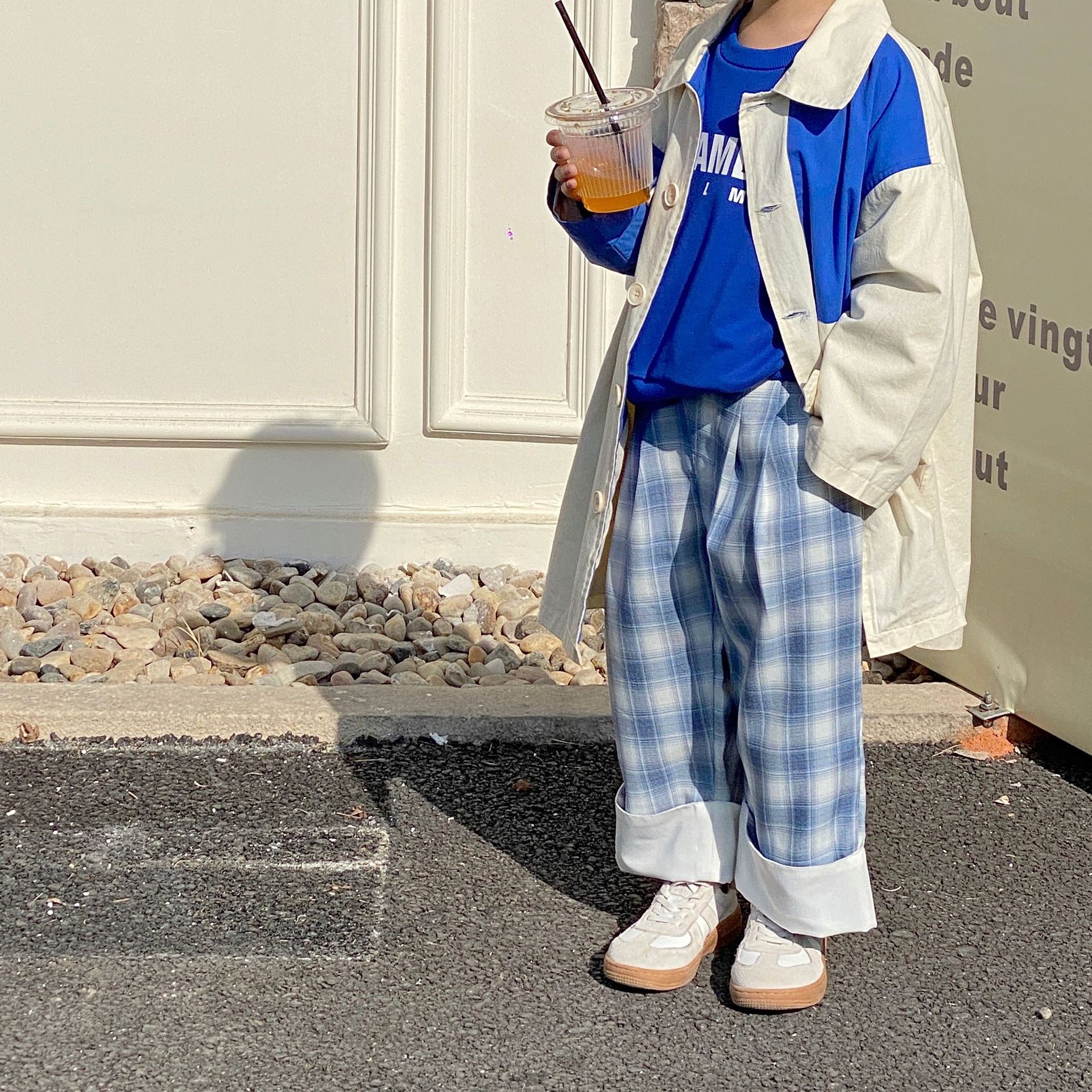 Pantaloni da ragazzo a gamba larga scozzesi a molla pantaloni in cotone patchwork allentati pantaloni a 3 colori
