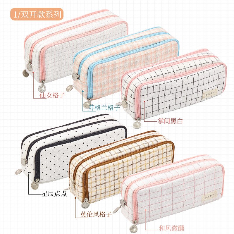 Large Pencil Case with Zipper Cute Grid School Supplies Pencil Pouch for Teen Girls and Boy School Student Bag
