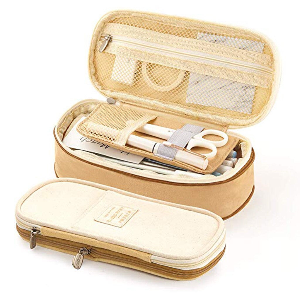 Canvas Large Capacity Pencil Case Pencils Pouch Stationery Pencil Bags Multifunctional Zipper School Portable Simple Storage bag: Khaki