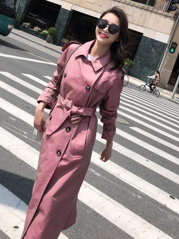 Britse stijl victoriaanse trenchcoat waterdicht kameleon katoen lange dames double-breasted dames duster jas blauw roze: Roze / M