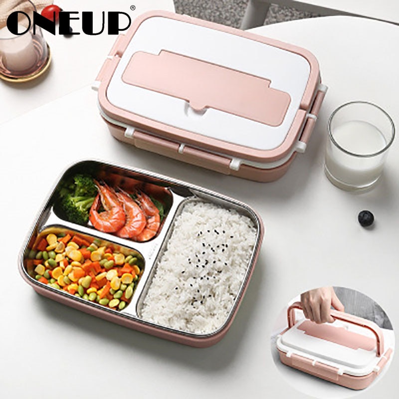Oneup draagbare lunchbox 304 roestvrijstalen bentoboxen met servies, student verzegelde lekvrije grote capaciteit voedselcontainer