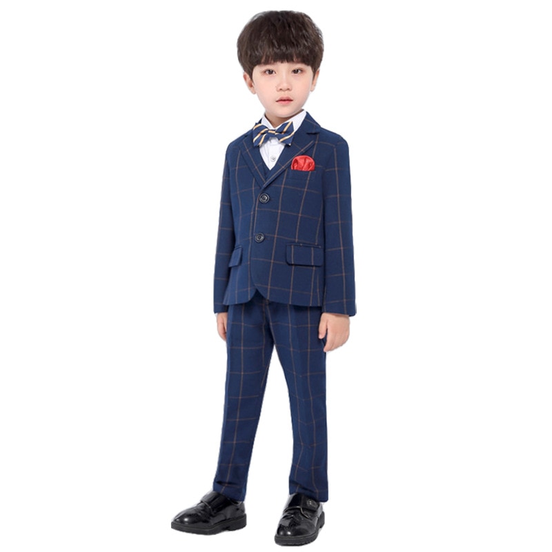 Formal Boys Slim Suits Sets Children Performance Party Wedding Costume Kids Boys Plaid Blazer Vest Trousers Bowtie Clothing Set