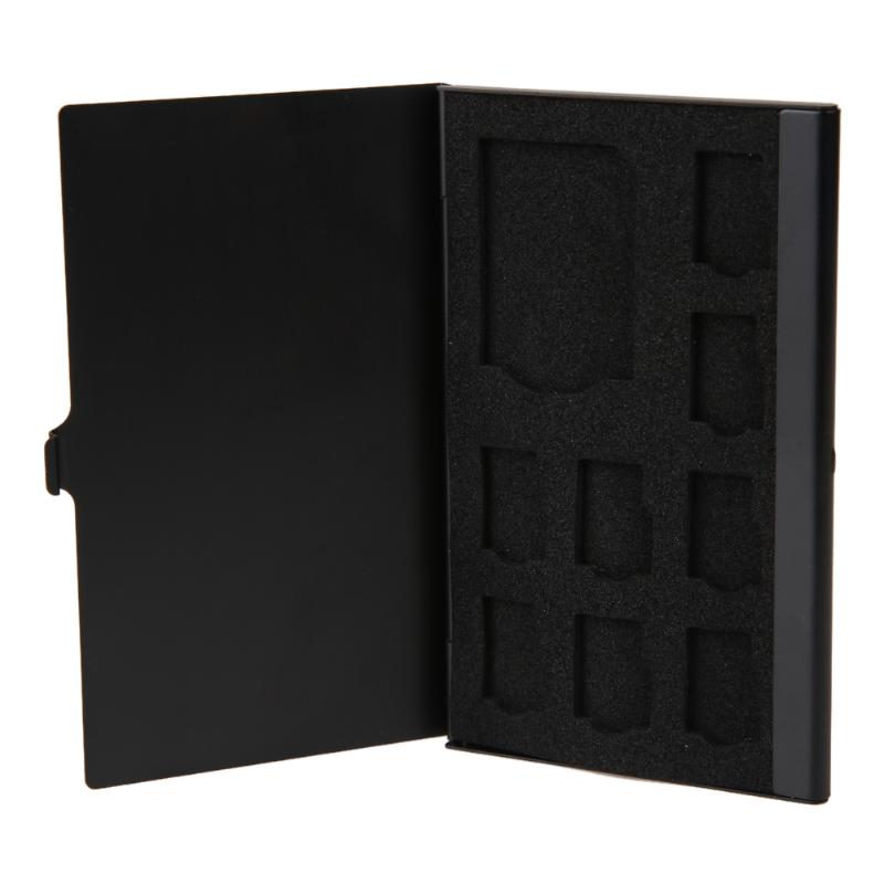 Draagbare Menmory Kaart Case Monolaag Aluminium 1SD + 8TF Micro Sd-kaart Pin Opbergdoos Case Houder Geheugenkaart Opslag gevallen Zwart