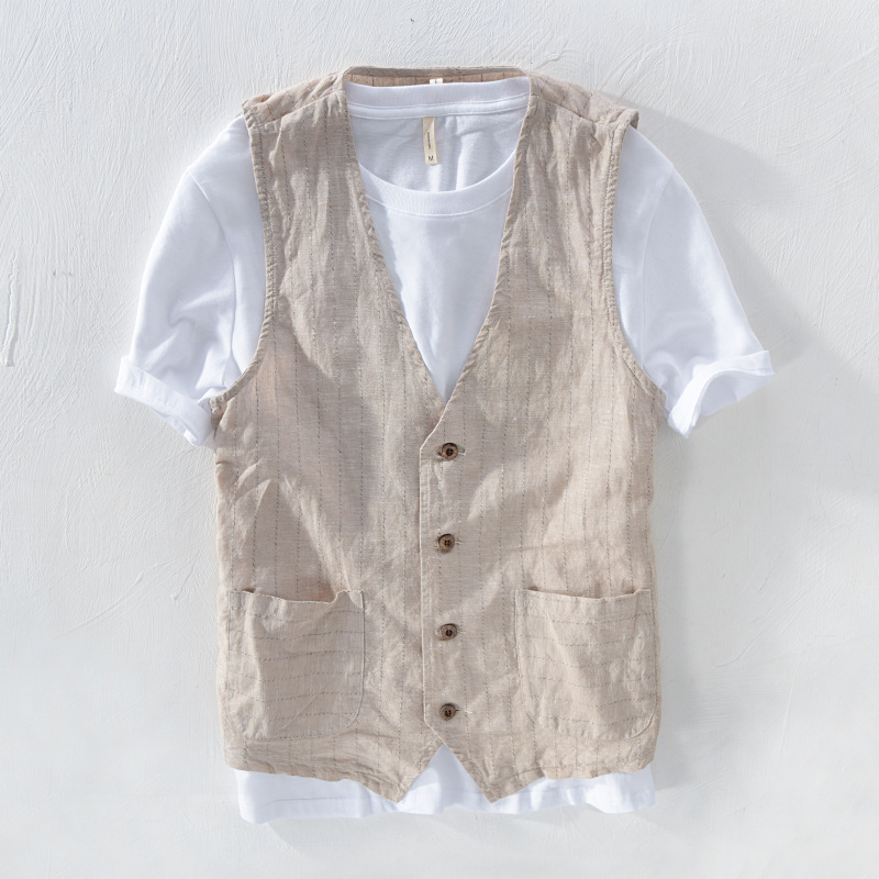 Mans vintage linned jakkesæt vest slankt materiale 55% hør  + 45% bomulds vest mandlige afslappet stribet tynd vest vest asiatisk str. m -3xl