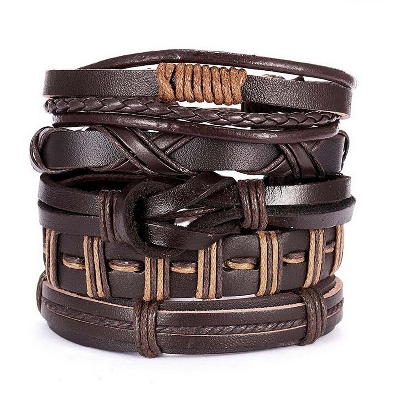 Pulseras trenzadas de cuero multicapa para hombre, brazaletes de cuerda hechos a mano, con forma de búho, hoja y estrella, para: 05