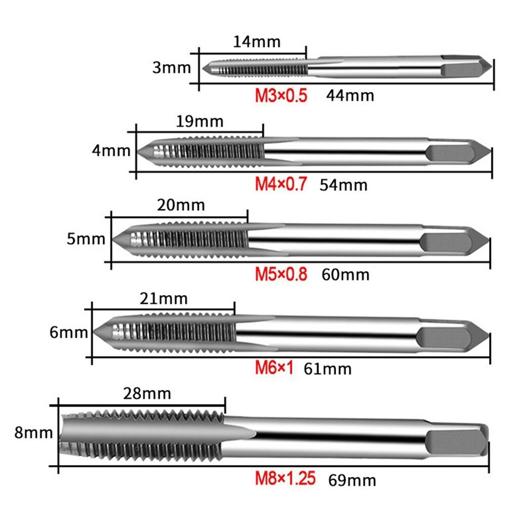 5Pcs Metrische Tap Set Van Kranen Boren Hand Tool Sets M3-M8 Machine Spiraal Punt Schroefdraad Kranen En sterft Set Metaal Hout