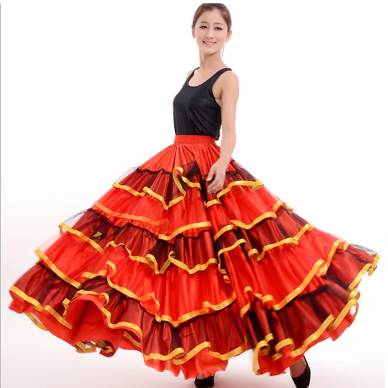 Womens Ballroom Spanish Flamenco Dance Skirt Red Dancer Fancy Dress Costume Belly Dancing Skirts 360/540/720 Degree