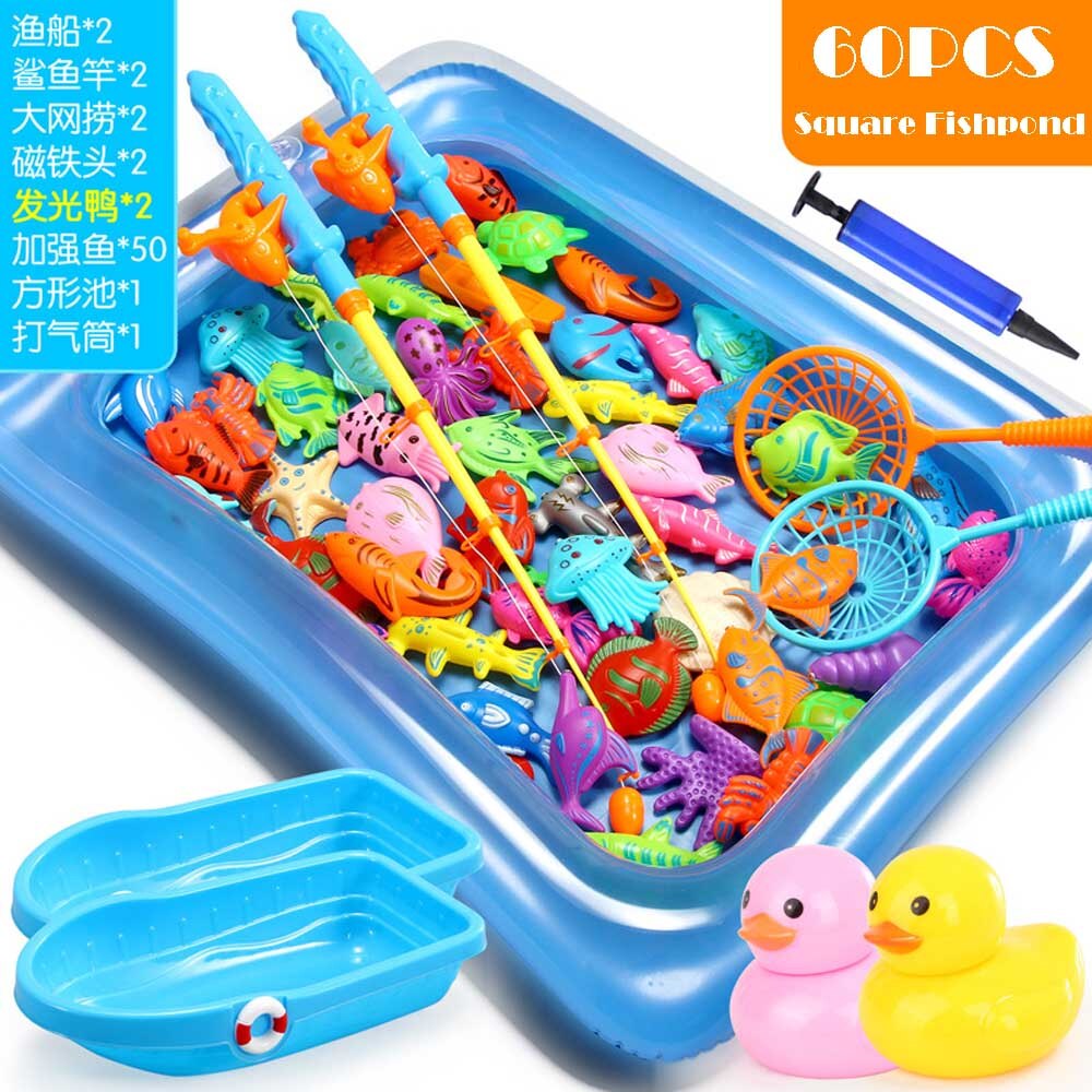 15-68PCS Kids Magnetic Fishing Toy Set Baby Water Toys with Inflatable Pool Magnet Fishing Rod Classic Toys for Children: 60pcs with pool