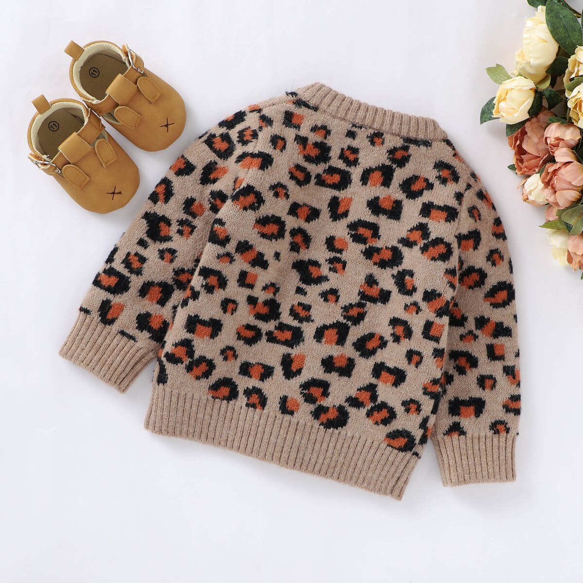 Newborn Baby Boy Girl Clothes Leopard Print Sweater V-neck Button-up Knitted Cardigan Kids Casual Tops for Autumn Winter