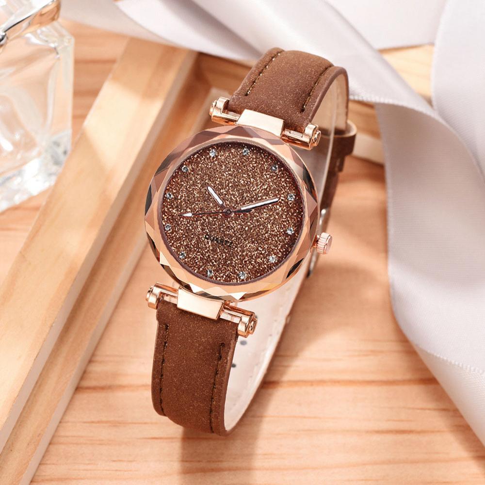 Dameur rhinestone romantisk stjernehimmel armbåndsur dame læderur ur til kvinder relogio feminino montre femme: Brun