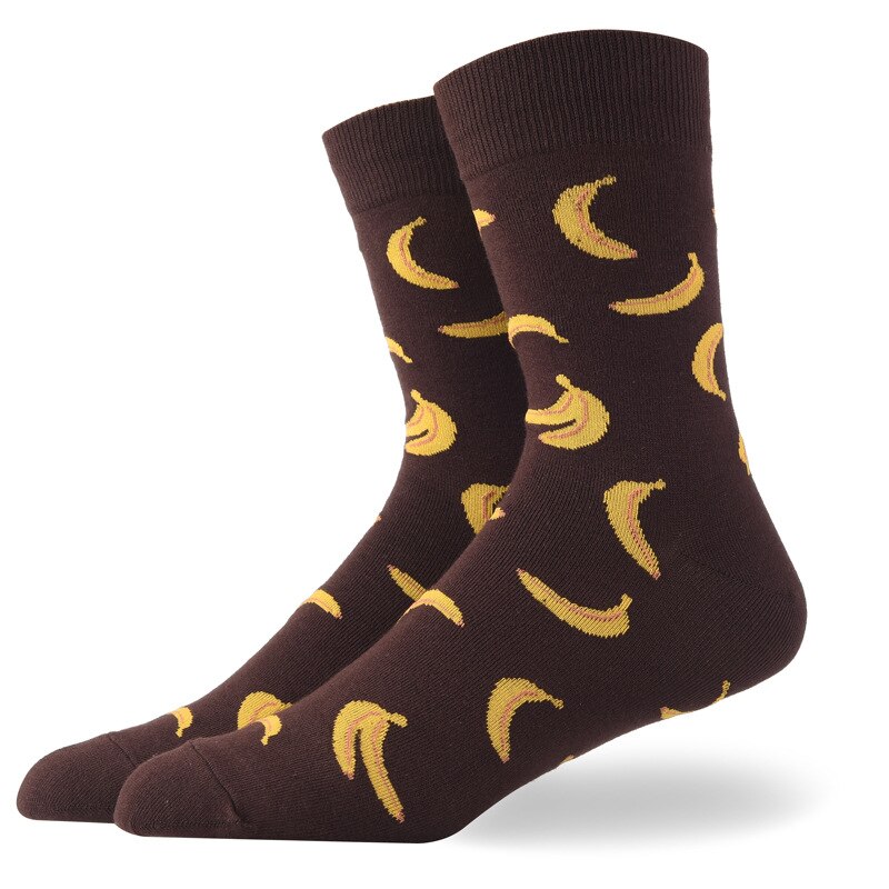 Calcetines divertidos de algodón peinado para hombre y mujer, medias con diseños divertidos, desayuno, cerveza, patatas fritas, Bacon, plátano, huevos fritos, comida, dibujos animados: Castaño