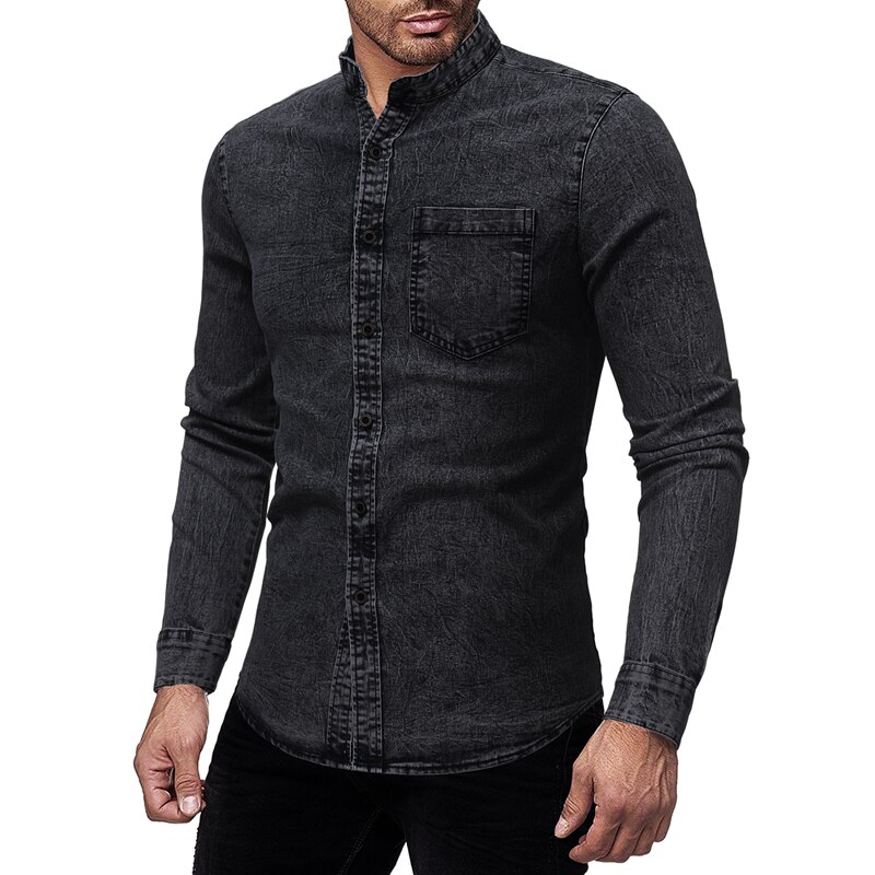 Markyi streetwear menn vask denim jeans skjorte høst lange ermer skjorte casual slim fit denim kjole skjorter: Svart / Xl