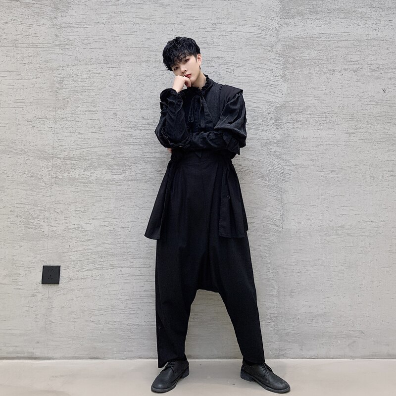 Japão homem moda feminina preto escuro streetstyle hip hop gótico tornozelo comprimento calças roupas de palco masculino solto casual harem bib pant