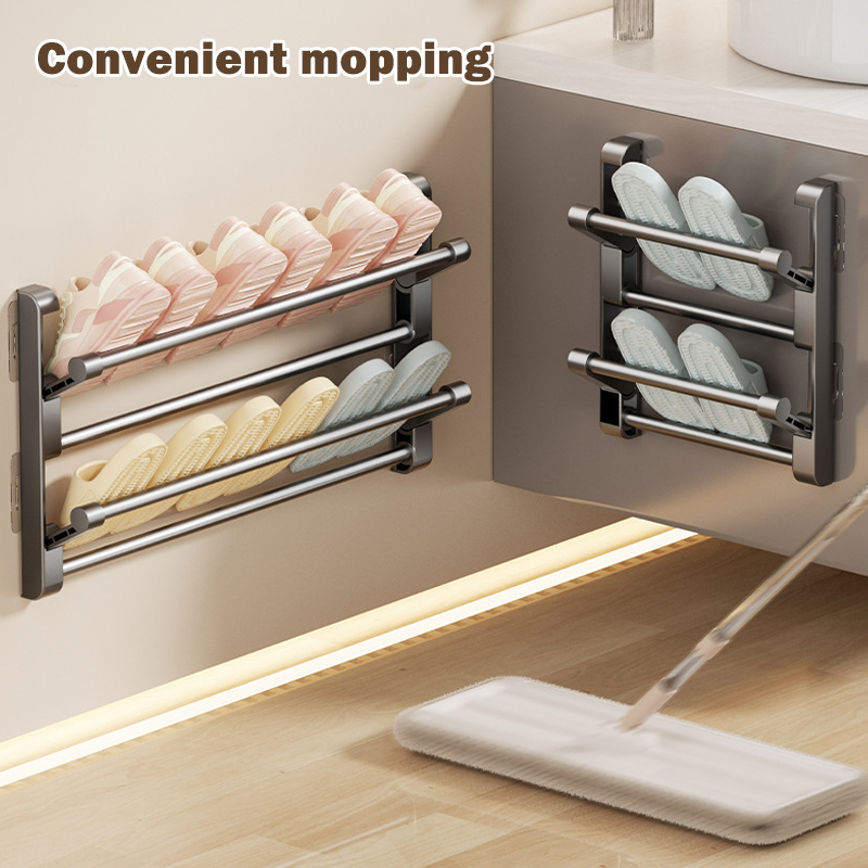 Wieszak na kapcie łazienkowe montowany na ścianie bez dziurkacza Dwuwarstwowy wieszak na kapcie Półka na buty Składany stojak na kapcie Organizer na buty