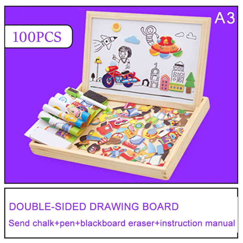 100 + Stuks Houten Multifunctionele Kinderen Animal Puzzel Schrijven Magnetisch Tekenbord Blackboard Learning Onderwijs Speelgoed Voor Kinderen: -A3