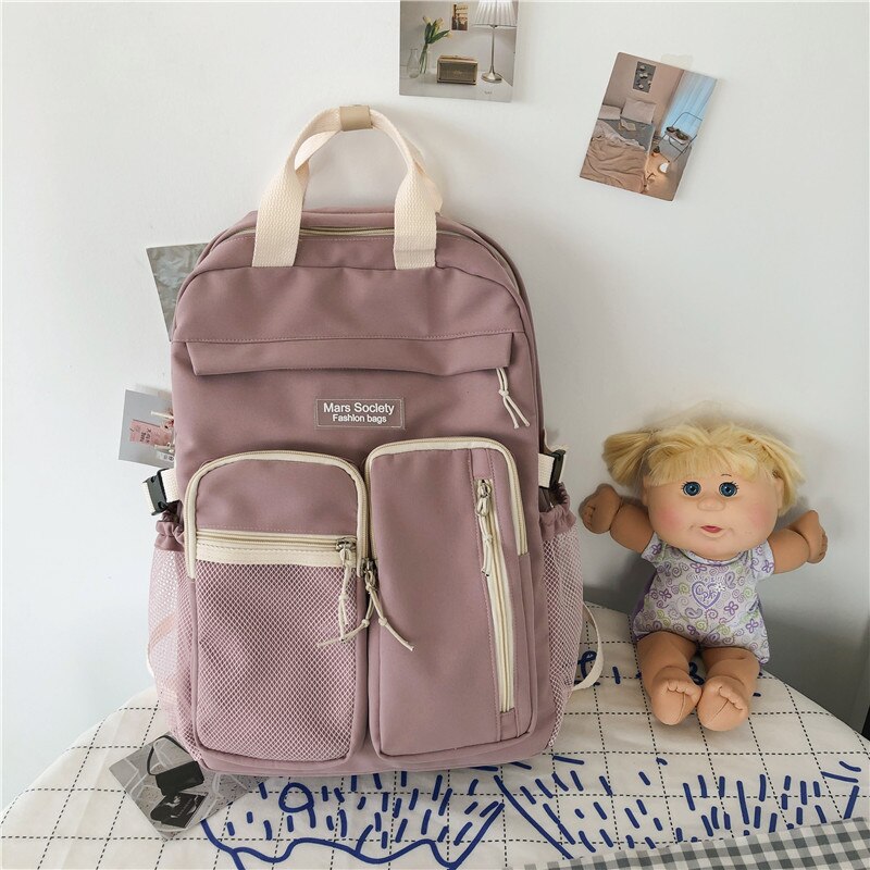 DCIMOR Large Capacity Double-deck Waterproof Nylon Women Backpack Multi-pocket Ring Buckle Portable College Girl's Schoolbag: pink / With White bear