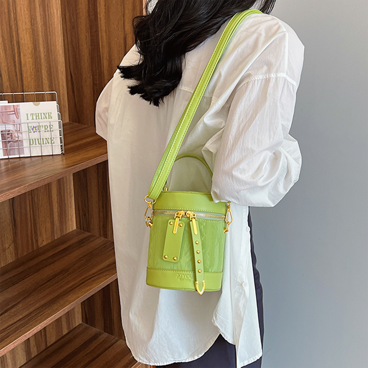 Bolso tipo cubo con estampado de mármol para mujer, bolso de hombro de piel sintética con cremalleras dobles y correa desmontable para uso diario