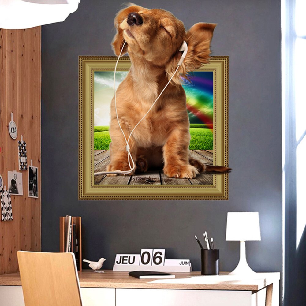40x50cm 3D Dog Wall Sticker Removable 3D Hole Puppy Wall Decals Living Room Bedroom Decor